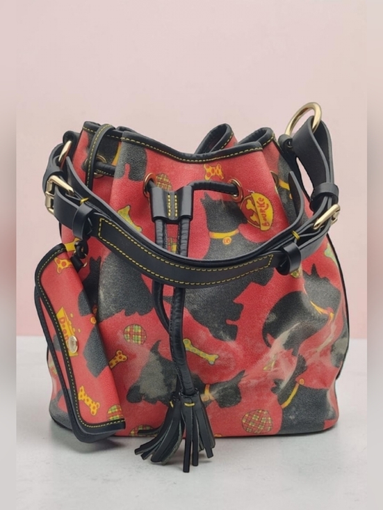 Dooney & Bourke Handbags - RARE Dooney & Bourke Schnauzer Design Black Bucket Bag In Red/Black/ Tartan